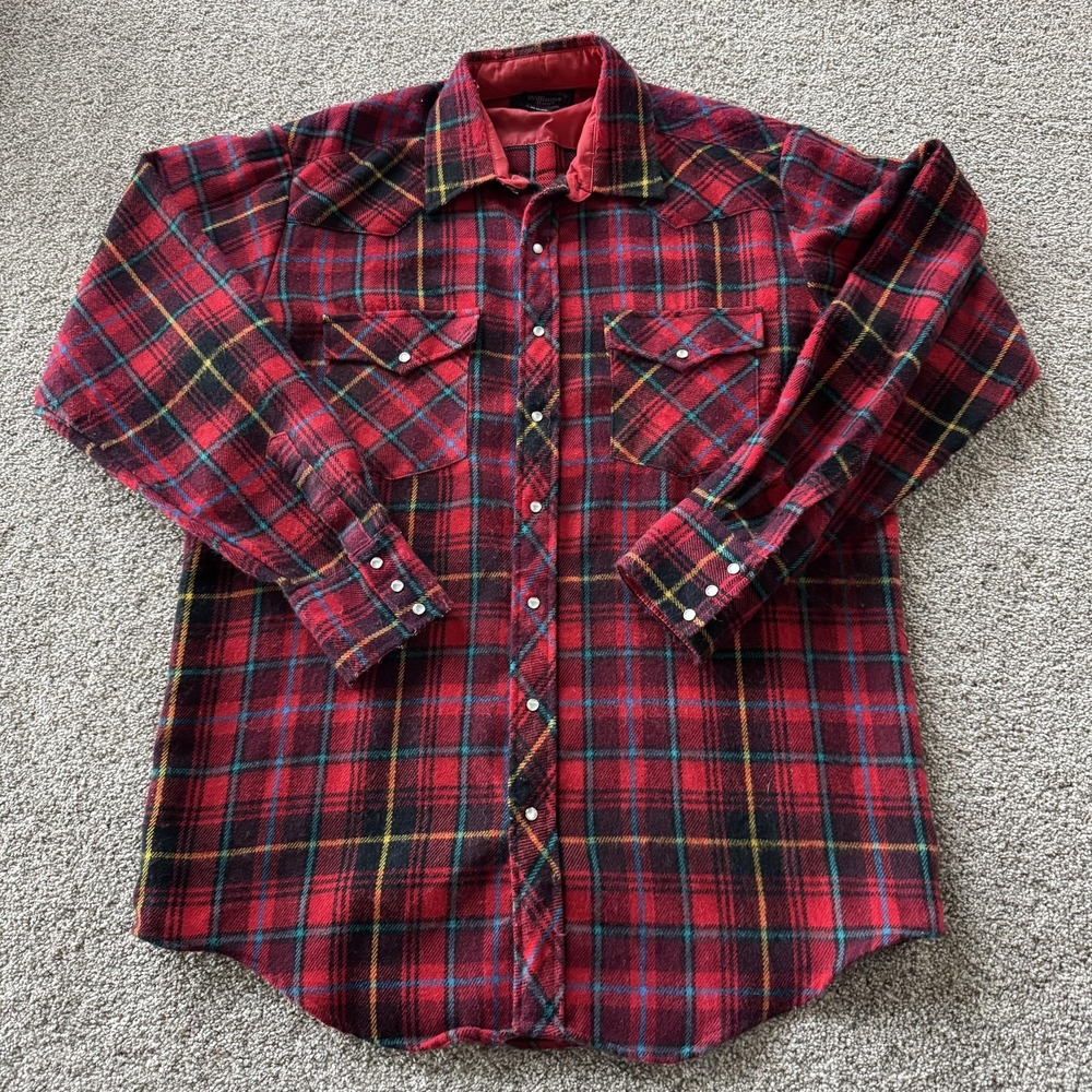 Vintage Williams Bay Shirt Mens XLT Red Plaid Long Sleeve Flannel Western Snap